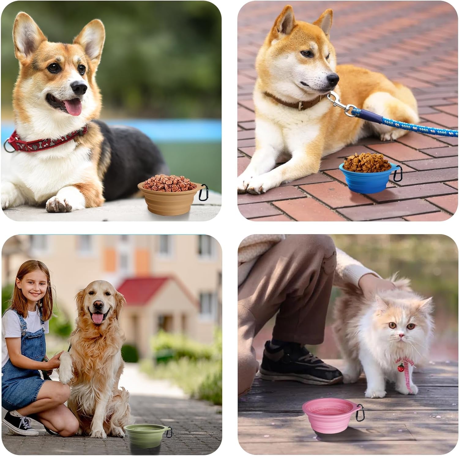 2-Pack Silicone Collapsible Dog Bowls, BPA Free Dishwasher Safe, Portable Foldable Expandable Travel Bowl, Food Water Feeding Cup Dish for Dogs Cats with 2 Carabiners (Purple, Pink)